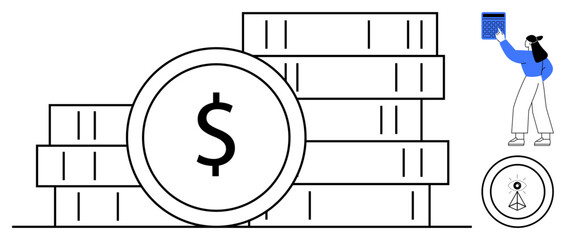 Dollar coin and coin stacks represent wealth. Woman holding book shows learning. Communication signal adds technology theme. Ideal for finance, education, savings, network, economy, investment flat