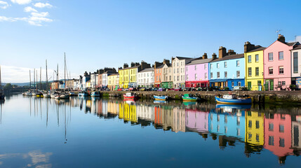 Fototapeta premium Colorful Row Houses Reflecting In Calm Water Near Boats Under A Blue Sky