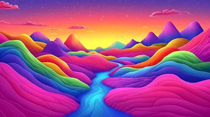 Fotobehang Vibrant rainbow landscape with river at sunset. © hi