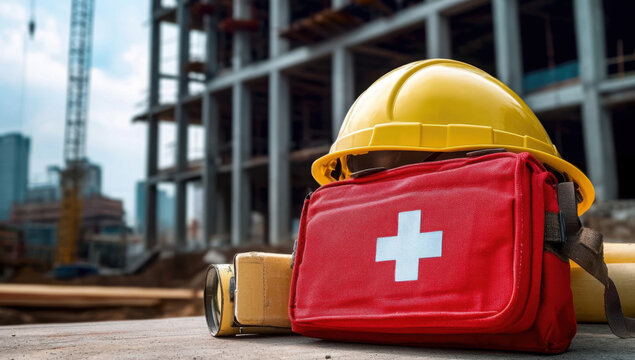 Well organized construction site with prominently placed safety helmet and first aid box representing preparedness and compliance with occupational health standards in the industrial workplace
