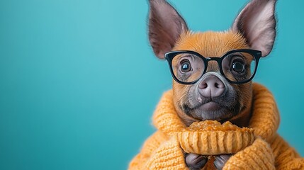 Obraz premium Chihuahua Dog Wearing Glasses and Yellow Sweater Against Blue Background