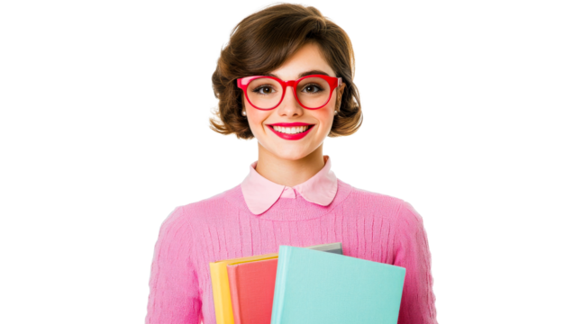 Nerd girl smiling holds books, isolated on black, cut out transparent
