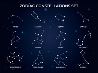 Zodiac constellation icons. Astrology vector illustration in night starry sky. Aries, taurus, gemini, cancer, leo, virgo, libra, scorpio, pisces zodiacal, mystic astrology vector isolated white signs © Isasoulart