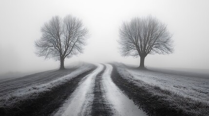 Misty Road Between Two Trees in a Monochrome Landscape, Leading into a Foggy Horizon, Creating a Peaceful Serene Scene