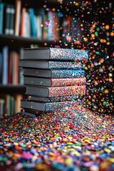 A Stack of Glitter-Covered Books Amidst a Cascade of Confetti