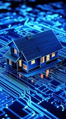 A small house sits on a circuit board infrastructure design