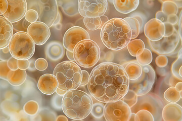 Microscopic Close-Up of Active Yeast Cells Showcasing Detailed Structures and Budding Patterns