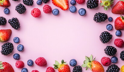 Delicious fresh berry frame on pastel pink textured background for summer dessert recipe card, natural food ingredient for sweet confectionery pastry presentation