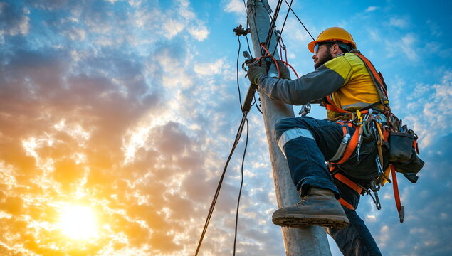Man working on utility pole at sunset ensuring energy infrastructure and distribution of electricity for home and business showcasing maintenance and safety