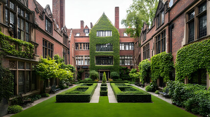 Fototapeta premium Brick Courtyard Garden With Lush Greenery