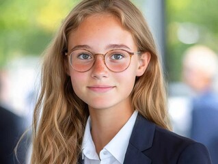 Portrait of a smiling teenage girl wearing glasses and a blazer.