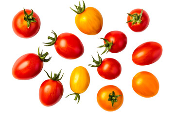 Colorful ripe tomatoes on dark background, cut out transparent