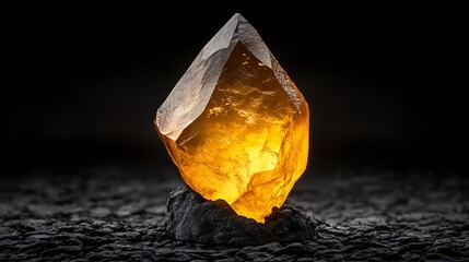 Glowing citrine crystal on dark background.
