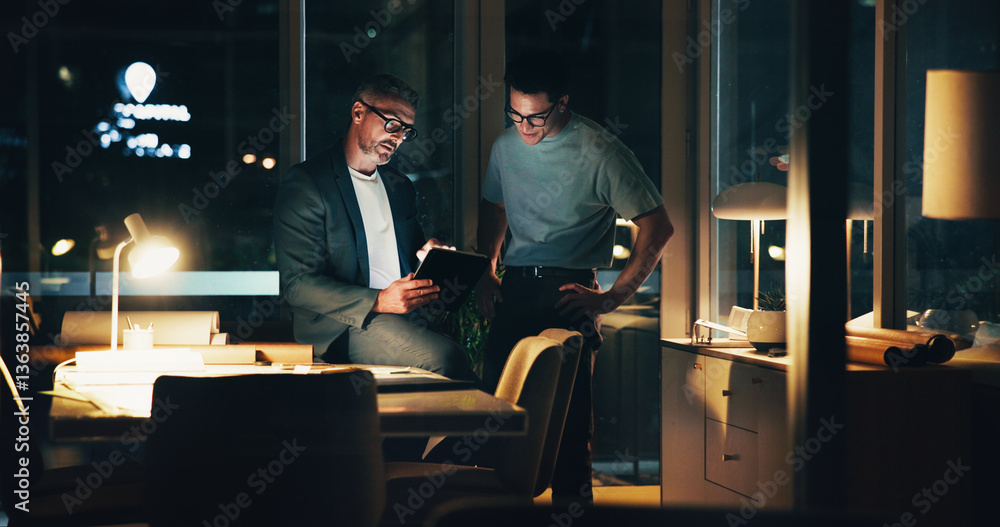 Poster architecture, night and men in office for feedback, urban planning and property design or floorplan.