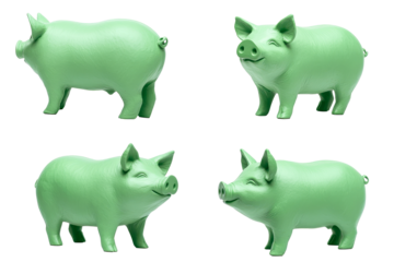 Colorful green pigs in various playful positions for decor