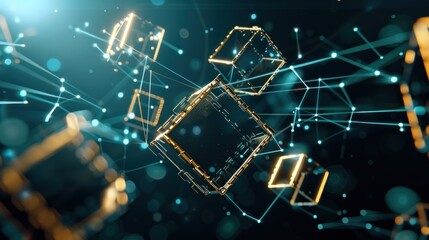 Futuristic Networked Cubes with Glowing Connections and Blue Light Trails for Technology Concep