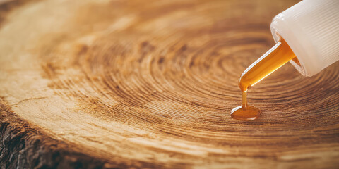 The thick glue is squeezed from the tube onto the wooden surface. Instant curing adhesive for various surfaces and wood.