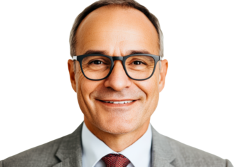 Smiling businessman in glasses looking at camera, cut out transparent