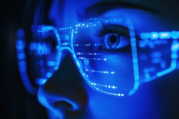 Facial recognition interface in sci-fi style with neon blue lighting and negative space on right