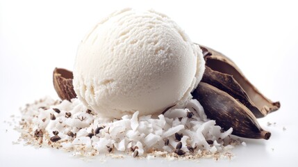 Scoop of coconut ice cream with pods and flakes 