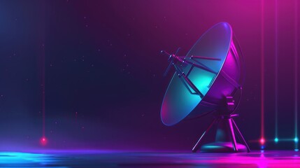 Futuristic Satellite Dish Illuminated by Neon Lights in a SpaceThemed Environment