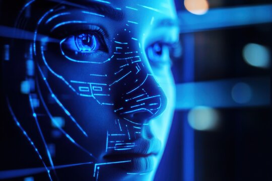 Facial recognition interface in sci-fi style with neon blue lighting and negative space on right