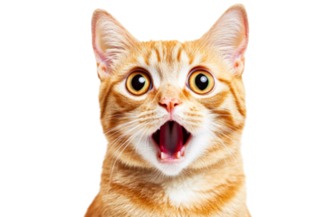 Ginger cat portrait with surprised expression, mouth open, cut out transparent