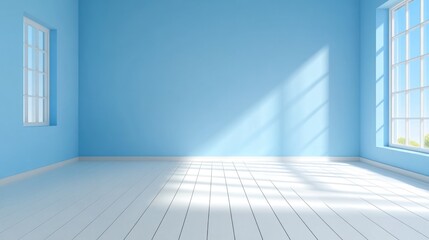 Serene Blue Room with Sunlight Streaming Through Windows