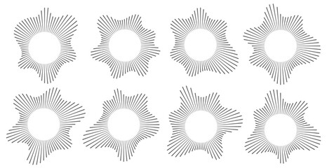 Sound wave, circular equalizer icons, round music soundwave shape, concentric energy burst. Vector illustration.