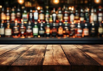 Empty wooden bar top, blurred liquor bottles background