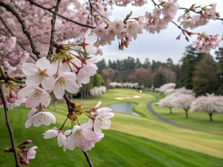 Spring Cherry Blossoms Overlooking a Scenic Golf Course