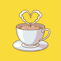 a cup of latte coffee with steam in heart shape. cute drink vector illustration for sticker, label, packaging