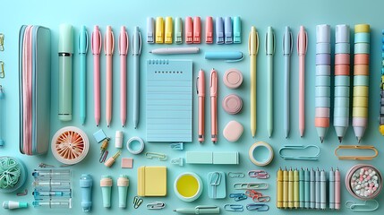 Pastel Hues Stationery Layout: Flat Lay Composition with Pens, Notebook, Clips, and Eraser for Creative Projects and Organizing, Workspace.