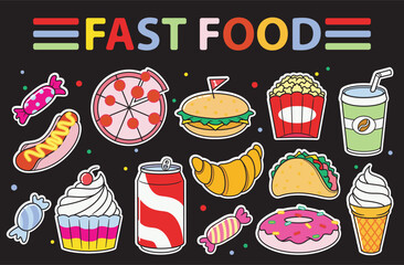 colorful fast food stickers. pizza, burger, taco, hot dog, cupcake, ice cream, candy, croissant, coffee, soda, donut. cute drink and snack print vector