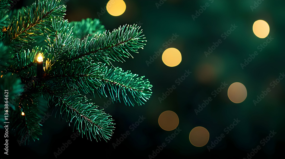 Poster Close Up Of Green Christmas Tree Branch With Sparkling Lights And Blurred Bokeh Background