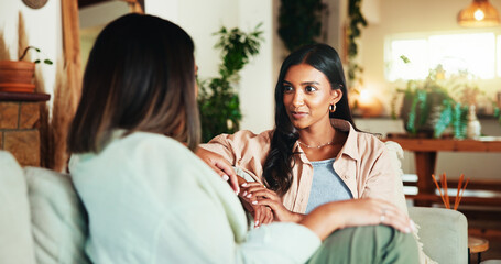 Happy, talking and friends with women on sofa for bonding, gossip and social reunion. Discussion,...