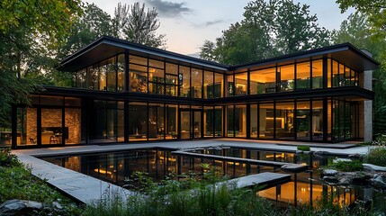 Obraz premium Minimalist architectural design with angular lines, expansive glass facades, and natural surroundings.