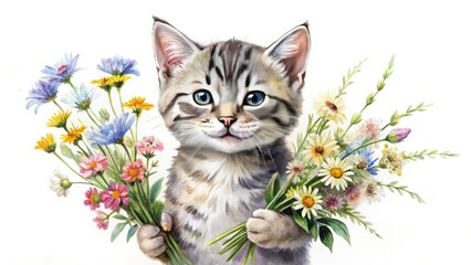 Macro Kitten Wildflower Bouquet Watercolor Painting - Adorable Grey Striped Cat Portrait