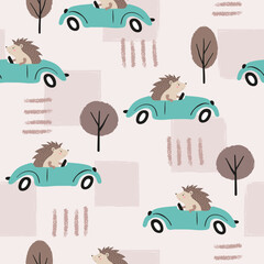 Seamless pattern with cute hedgehog in the car. Vector road illustration for kids © Afanasia