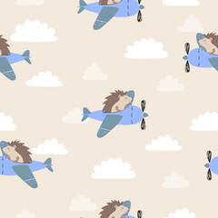 Seamless pattern with cute hedgehogs on planes. Baby print with cartoon pilots