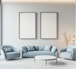 Modern living room with light blue sofa, armchairs, and two blank frames.