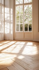 Fototapeta premium Sunlit, spacious room with hardwood floors and large windows