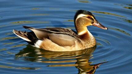 Beautiful mallard duck swimming gracefully in clear blue water at a serene natural setting