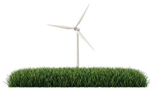 Wind turbine standing green grass on black background, cut out transparent