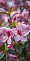 Cherry blossom tree in full bloom with delicate pink flowers and green leaves during springtime in a serene garden