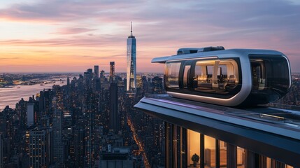 Fototapeta premium evtol skyscraper roof: aerial passenger transport with city skyline views 