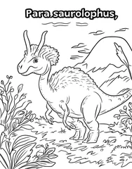 Rideaux  Parasaurolophus dinosaur coloring page, prehistoric landscape background, educational illustration  © joo
