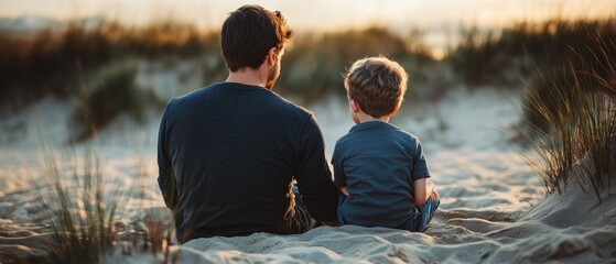 Father and Son on Beach: Back View Special Day at Sunset 