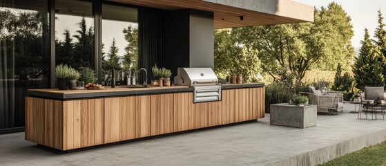 Fototapeta premium Minimalist Outdoor Kitchen with Wood Cabinets and Concrete Patio 