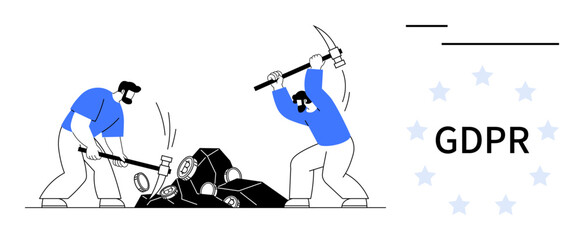 Two people in blue shirts break apart data blocks with pickaxes and hammers to symbolize GDPR compliance, data protection, privacy laws, and regulations. Ideal for cybersecurity, law, compliance